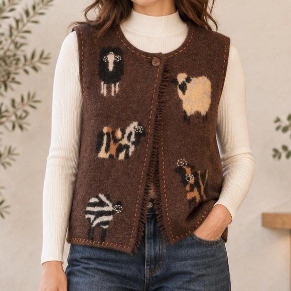 Susan Bristol Sweaters - Susan Bristol M Wool Sweater Vest Goat Sheep Animal Print Embroidered Vintage